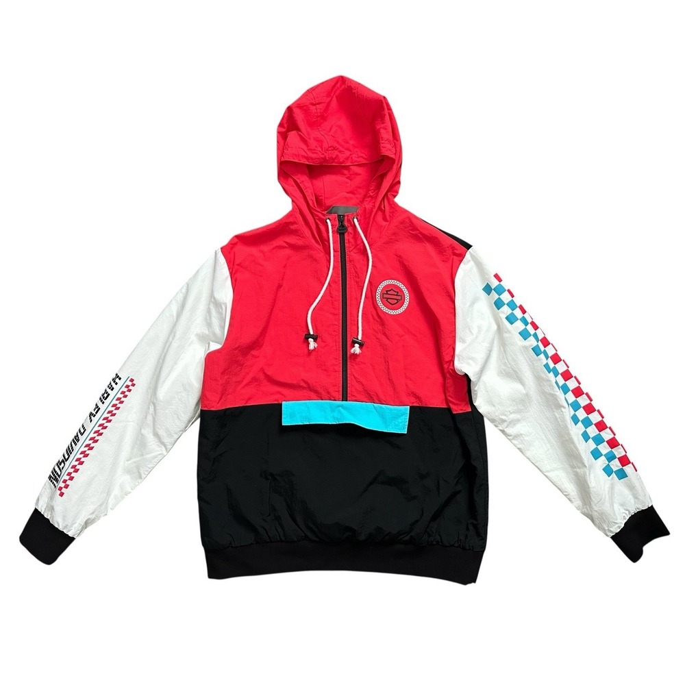 Harley Davidson Womens Colorblock Windbreaker Hoodie Jacket Red Black Size M